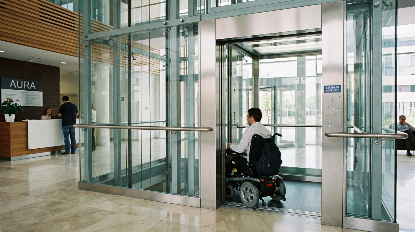 Persona en silla de ruedas usando ascensor accesible moderno con botonera Braille