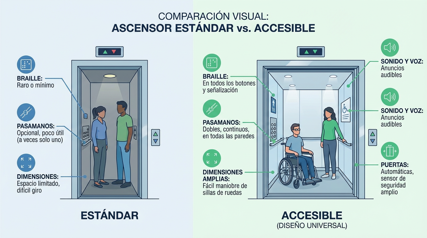 Diagrama técnico medidas ascensor accesible 1.1m x 1.4m según UNE-EN 81-70