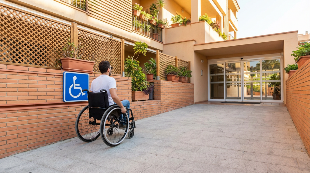 Persona en silla de ruedas accediendo a edificio con rampa accesible según RDL 1/2013