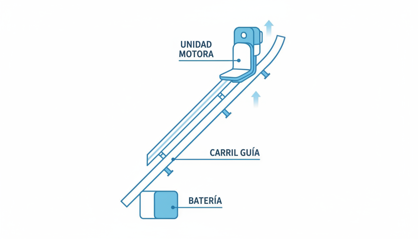 Esquema simplificado de componentes de una silla salvaescaleras